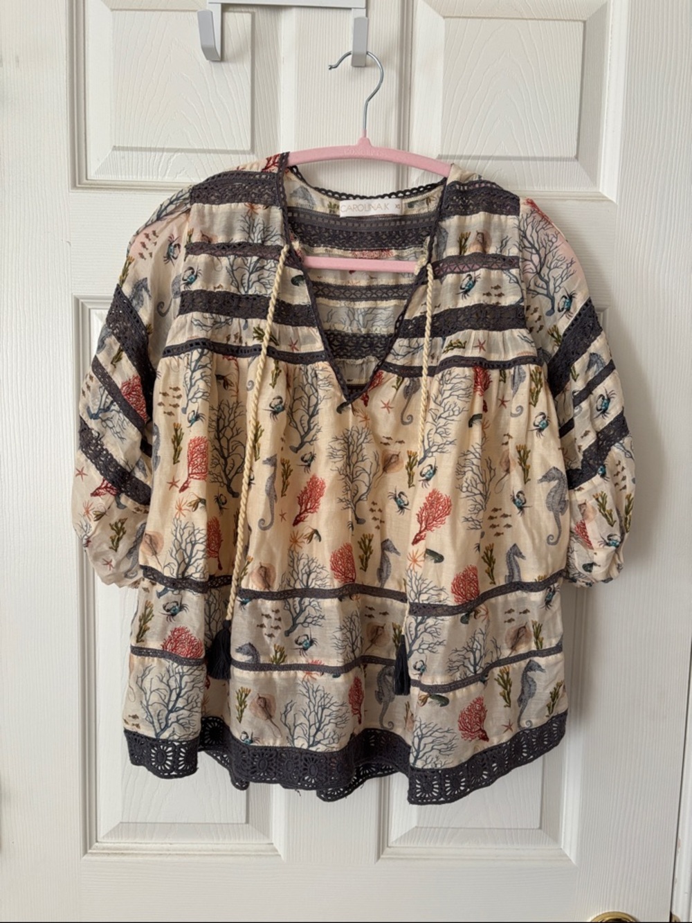 Sea-Print Peasant Blouse with Black Lace Trim - Cream